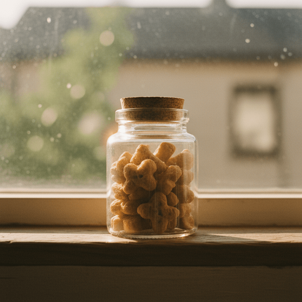 Glass jar of small training treats on windowsill in amber light