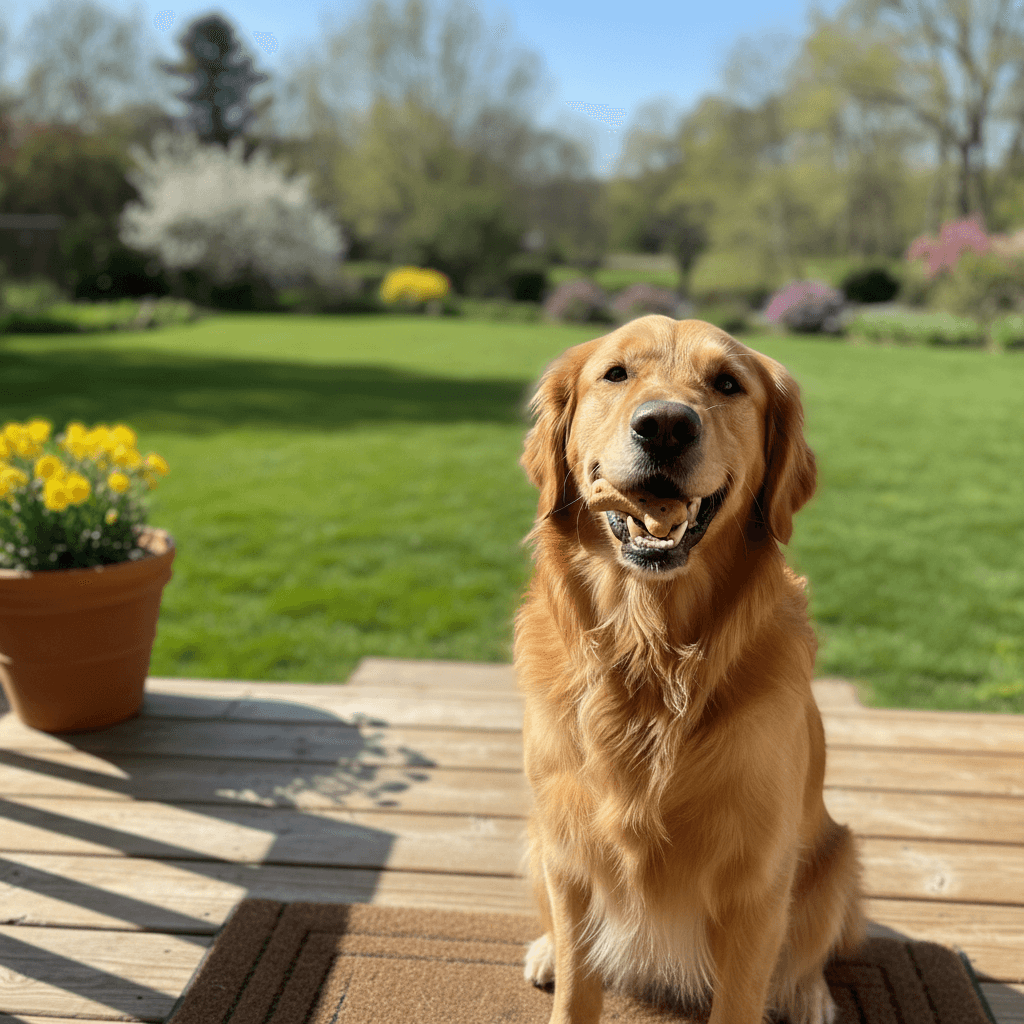 Golden retriever eating a small biscuit treat on a sunny porch