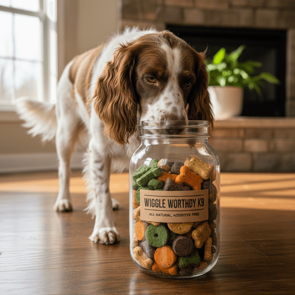 Dog sniffing open container of treats on floor with candid flash
