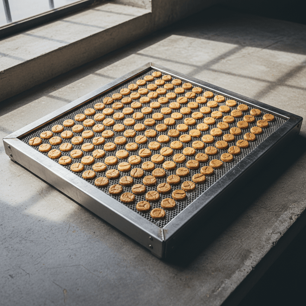 Dehydrator tray with raw peanut butter dog treats before drying
