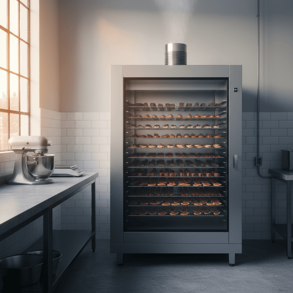 Commercial dehydrator with shelves of treats inside