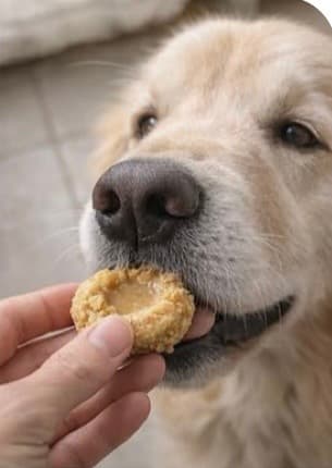 Close-up of a golden retriever dog being fed a small, round, textured treat by hand.