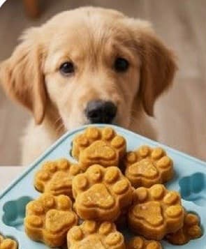 Golden retriever puppy looking longingly at a blue tray filled with paw-shaped dog treats.