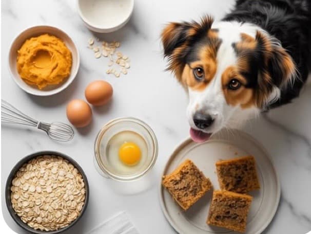 Tri-color dog looking up beside pumpkin puree, eggs, oats, and finished square dog treats.
