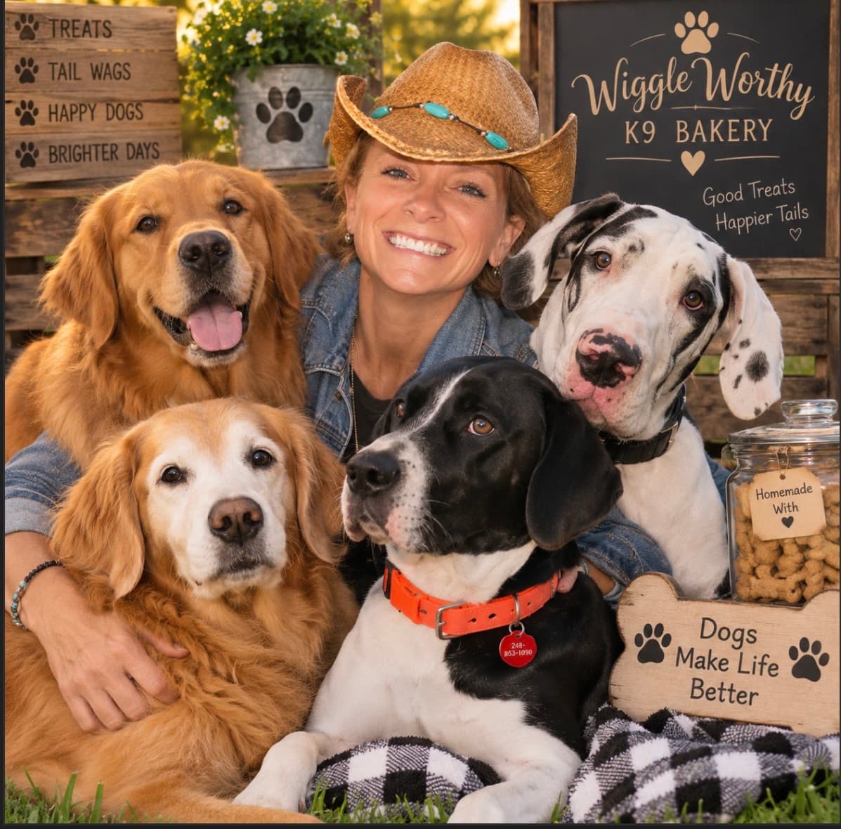 Smiling woman in a cowboy hat posing with four dogs at a dog bakery display.